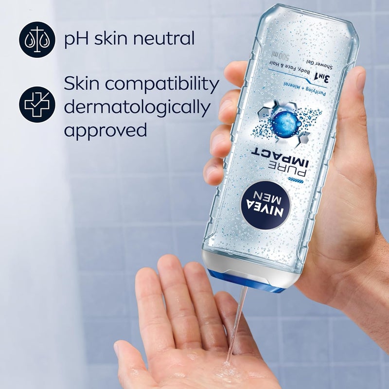 NIVEA MEN Pure Impact 3in1 Shower Gel, Fresh Scent, Pack of 3 x 500ml - Image 5